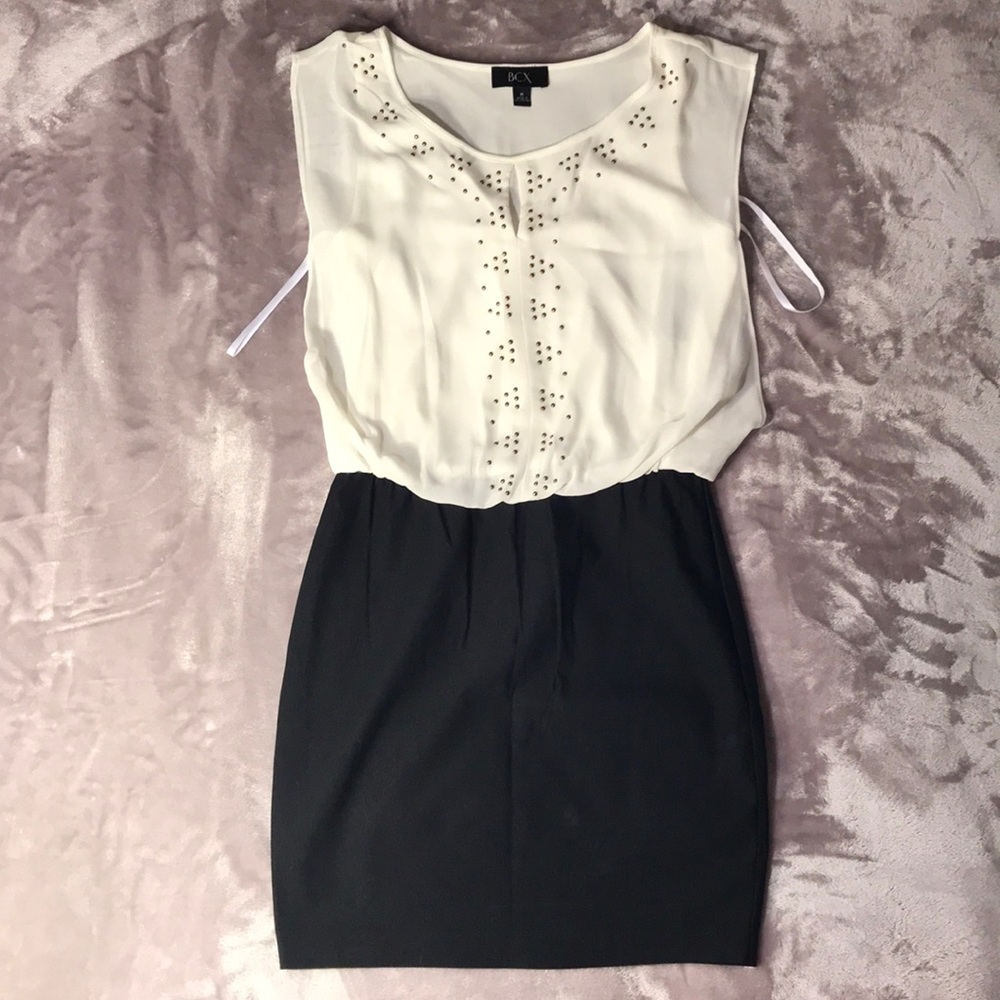 Juniors white/black/gold studded cocktail dress.
